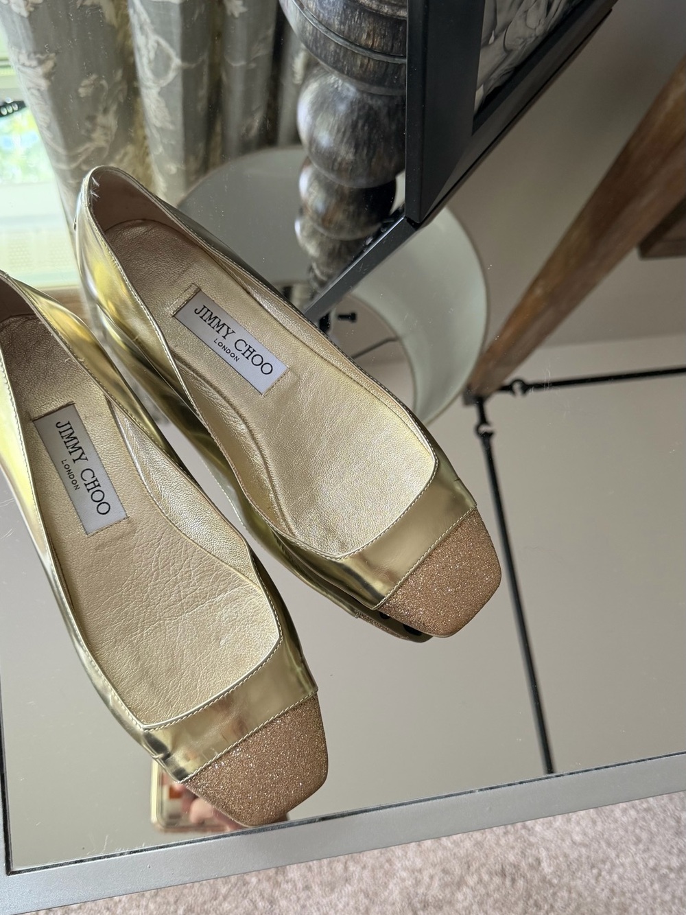 Jimmy Choo Metallic Gold Square-Toe Flats with Glitter Toe
